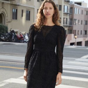 Express Black Velvet Polka Dot Puff Shoulder Mini Dress Long Sleeve